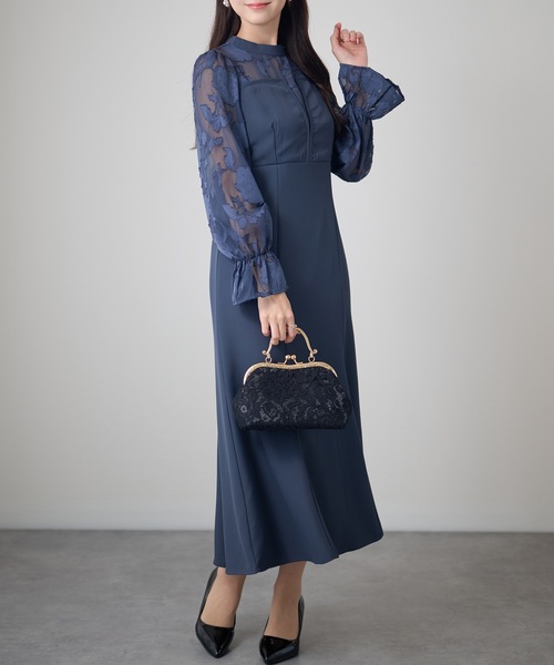 Lace Ladies(レースレディース)の「シアーレース ハイネック 長袖 フレア パーティードレス(ドレス・レディース・チャコールグレー/ブラック/グリーン/グレイッシュベージュ・FREE/S)」の2枚目の写真
