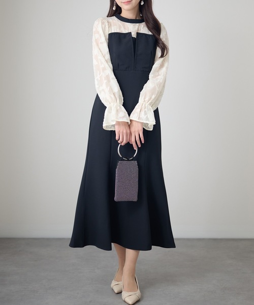 Lace Ladies(レースレディース)の「シアーレース ハイネック 長袖 フレア パーティードレス(ドレス・レディース・チャコールグレー/ブラック/グリーン/グレイッシュベージュ・FREE/S)」の1枚目の写真