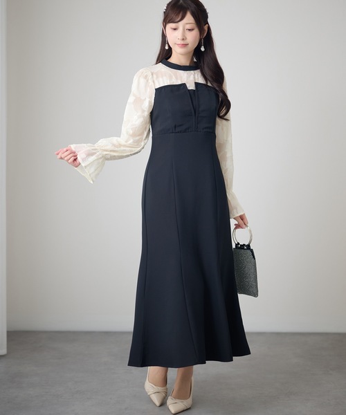 Lace Ladies(レースレディース)の「シアーレース ハイネック 長袖 フレア パーティードレス(ドレス・レディース・チャコールグレー/ブラック/グリーン/グレイッシュベージュ・FREE/S)」の6枚目の写真