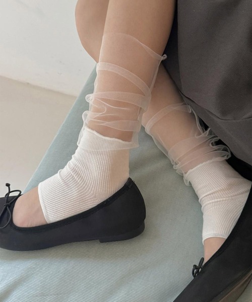 HOOK for girls ドット × チュールレース 切替オープントゥソックス