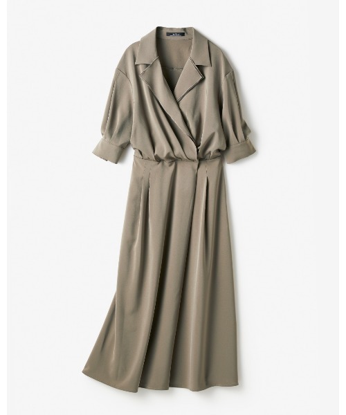 DoCLASSE（ ドゥクラッセ）の「ストレッチツイル・カシュクールシャツワンピース（ワンピース・レディース・グレイッシュベージュ/ダークネイビー・7/9）」の5枚目の写真