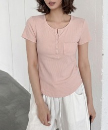 ヘンリーネックリブTシャツ リブTシャツ ヘンリーネックTシャツ 半袖 トップス ラウンドヘム カットソー Tシャツ 半袖 レイヤードトップス 春服 夏服