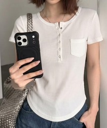 ヘンリーネックリブTシャツ リブTシャツ ヘンリーネックTシャツ 半袖 トップス ラウンドヘム カットソー Tシャツ 半袖 レイヤードトップス 春服 夏服