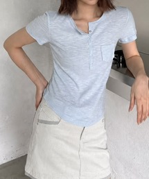 ヘンリーネックリブTシャツ リブTシャツ ヘンリーネックTシャツ 半袖 トップス ラウンドヘム カットソー Tシャツ 半袖 レイヤードトップス 春服 夏服