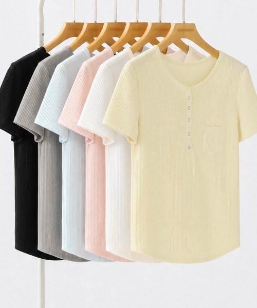 COCOMOMO(ココモモ)の「ヘンリーネックリブTシャツ リブTシャツ ヘンリーネックTシャツ 半袖 トップス ラウンドヘム カットソー Tシャツ 半袖 レイヤードトップス 春服 夏服(Tシャツ/カットソー・レディース・ライトピンク/ライトイエロー/ライトブルー/グレー/ホワイト/ブラック・FREE)」の8枚目の写真