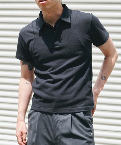 CONZ（コンズ）の「fly front polo/ポロシャツ/CONZ/カーブデザイン/カッティング/夏服（ポロシャツ・メンズ・チャコールグレー/ブラック/ブラック×ホワイト・1/2/3）」の15枚目の写真