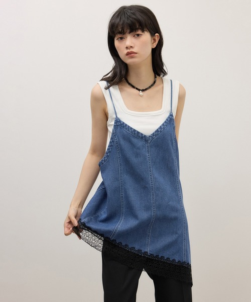 ♥️かお@♥️ デニム風 Cottonショルダーレース付きバルーンキャミ セール】【WEB限定】レースコンビデニムキャミ（キャミソール）｜ADAM