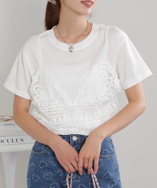 pumpkin port(パンプキンポート)の「カギ針キャミ付き半袖Tシャツ(Tシャツ/カットソー・レディース・ホワイト/ブラック・M)」の17枚目の写真