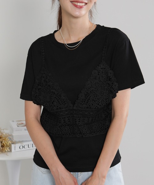 pumpkin port(パンプキンポート)の「カギ針キャミ付き半袖Tシャツ(Tシャツ/カットソー・レディース・ホワイト/ブラック・M)」の3枚目の写真