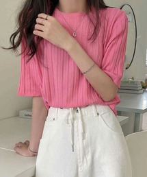 シンプルに大人可愛く◎体型すっきり見え 縦リブ半袖サマーニットソー