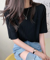 シンプルに大人可愛く◎体型すっきり見え 縦リブ半袖サマーニットソー