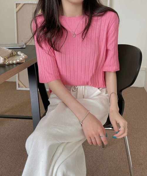 Amulet（アミュレット）の「シンプルに大人可愛く◎体型すっきり見え 縦リブ半袖サマーニットソー（ニット/セーター・レディース・ブルー/ホワイト/ブラック/コーラル/アイボリー/グリーン/パープル/ピンク・S/M/L）」の16枚目の写真