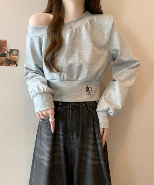 SEU(エスイーユー)の「長袖 ワンショルダー オフショルスウェット クロップドトップス 【オフィスカジュアル】【きれいめカジュアル】 レディース韓国風 春服 秋服 冬服(Tシャツ/カットソー・レディース・ブラック/グレー/ホワイト・フリー)」の15枚目の写真