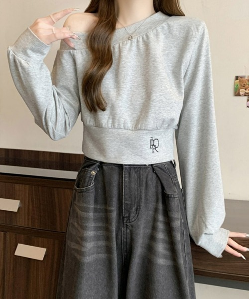 SEU(エスイーユー)の「長袖 ワンショルダー オフショルスウェット クロップドトップス 【オフィスカジュアル】【きれいめカジュアル】 レディース韓国風 春服 秋服 冬服(Tシャツ/カットソー・レディース・ブラック/グレー/ホワイト・フリー)」の16枚目の写真