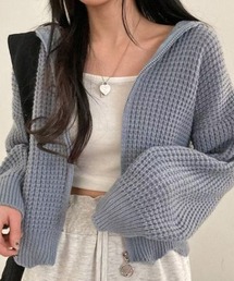 ワッフル編み ジップアップニットパーカー