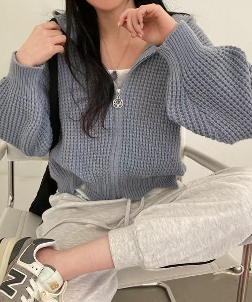 Teem Store(チームストア)の「ワッフル編み ジップアップニットパーカー(ニット/セーター・レディース・ブルー/ホワイト・M)」の14枚目の写真