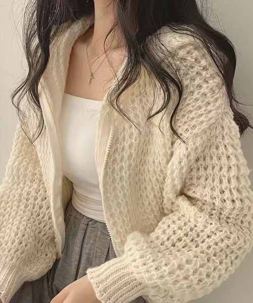 Teem Store(チームストア)の「ワッフル編み ジップアップニットパーカー(ニット/セーター・レディース・ブルー/ホワイト・M)」の3枚目の写真