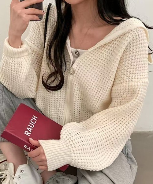 Teem Store(チームストア)の「ワッフル編み ジップアップニットパーカー(ニット/セーター・レディース・ブルー/ホワイト・M)」の10枚目の写真