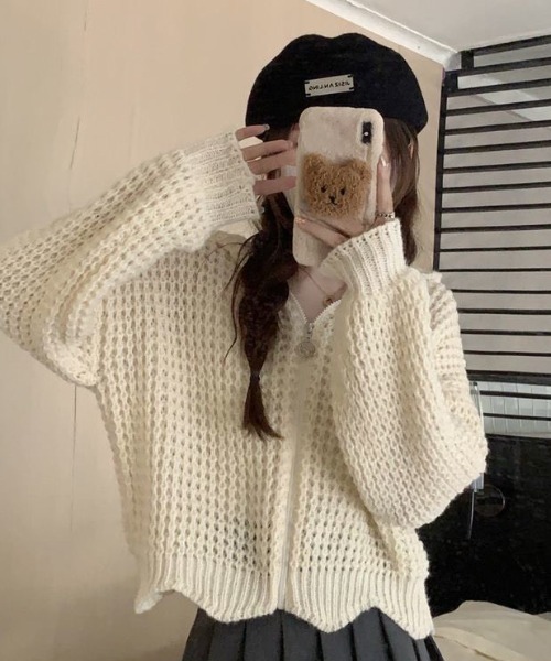 Teem Store(チームストア)の「ワッフル編み ジップアップニットパーカー(ニット/セーター・レディース・ブルー/ホワイト・M)」の5枚目の写真