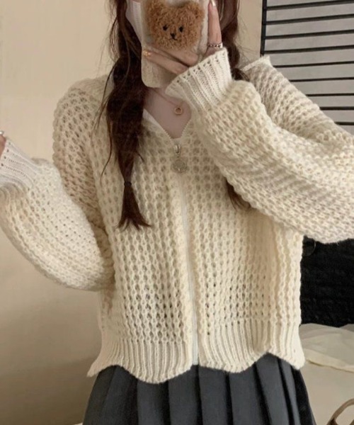 Teem Store(チームストア)の「ワッフル編み ジップアップニットパーカー(ニット/セーター・レディース・ブルー/ホワイト・M)」の13枚目の写真