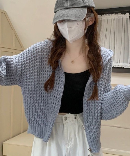 Teem Store(チームストア)の「ワッフル編み ジップアップニットパーカー(ニット/セーター・レディース・ブルー/ホワイト・M)」の15枚目の写真
