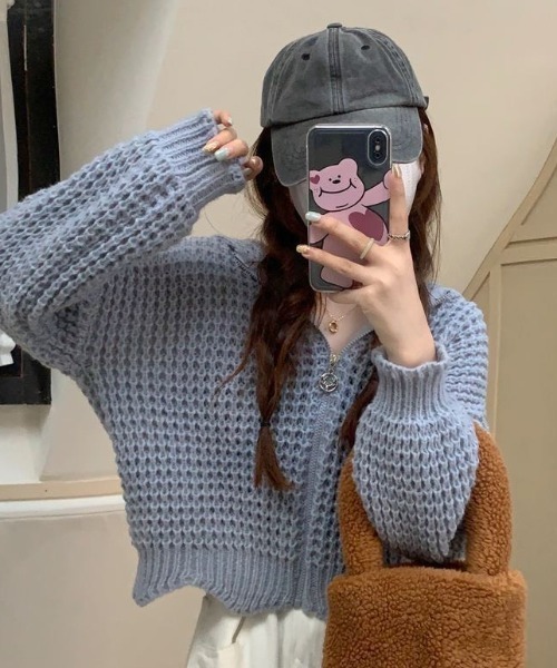 Teem Store(チームストア)の「ワッフル編み ジップアップニットパーカー(ニット/セーター・レディース・ブルー/ホワイト・M)」の16枚目の写真