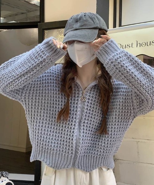 Teem Store(チームストア)の「ワッフル編み ジップアップニットパーカー(ニット/セーター・レディース・ブルー/ホワイト・M)」の9枚目の写真