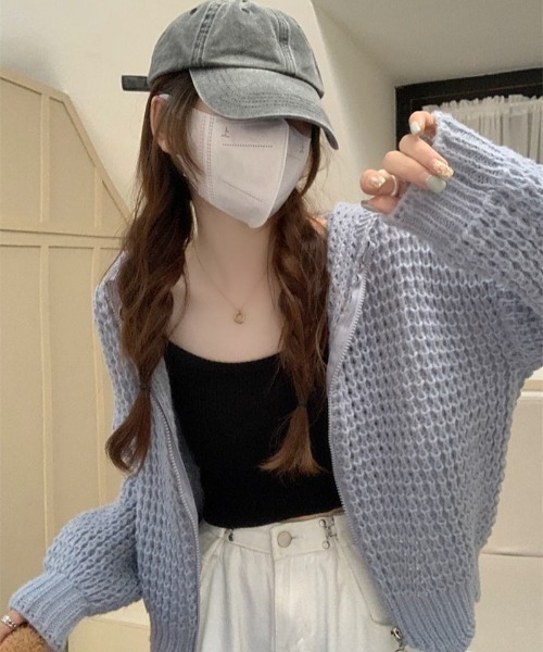 Teem Store(チームストア)の「ワッフル編み ジップアップニットパーカー(ニット/セーター・レディース・ブルー/ホワイト・M)」の8枚目の写真