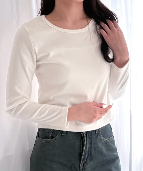 merrylatte(メリーラテ)の「Uネック ストレッチ ショート丈 タイト リブカットソー トップス(Tシャツ/カットソー・レディース・ホワイト/チャコールグレー/ライトグレー/ブラック・FREE)」の12枚目の写真