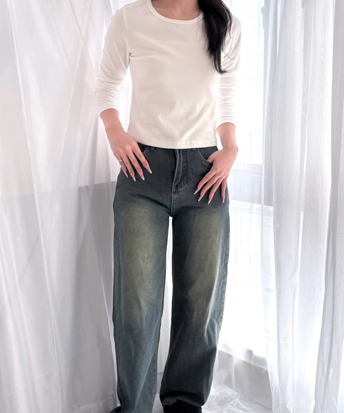 merrylatte(メリーラテ)の「Uネック ストレッチ ショート丈 タイト リブカットソー トップス(Tシャツ/カットソー・レディース・ホワイト/チャコールグレー/ライトグレー/ブラック・FREE)」の14枚目の写真