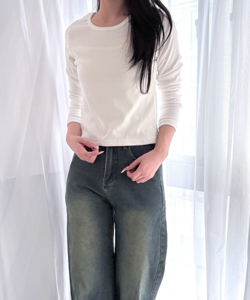 merrylatte(メリーラテ)の「Uネック ストレッチ ショート丈 タイト リブカットソー トップス(Tシャツ/カットソー・レディース・ホワイト/チャコールグレー/ライトグレー/ブラック・FREE)」の16枚目の写真