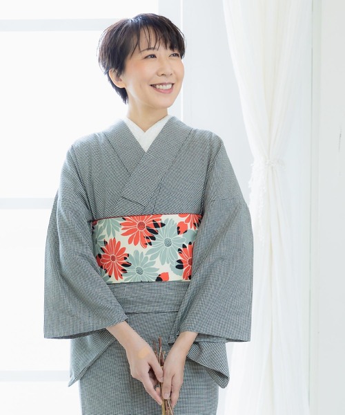 木綿半幅帯単品「オレンジレッド×グレー マーガレット」（和装