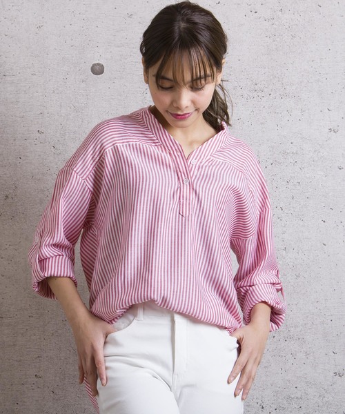 LUGG NAGG(ラグナグ)の「【Jewelobe/ ジュエローブ】 ストライプロールアップシャツ(シャツ/ブラウス・レディース・ブラック/レッド/ブルー・FREE)」の1枚目の写真
