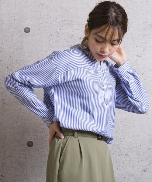 LUGG NAGG(ラグナグ)の「【Jewelobe/ ジュエローブ】 ストライプロールアップシャツ(シャツ/ブラウス・レディース・ブラック/レッド/ブルー・FREE)」の3枚目の写真