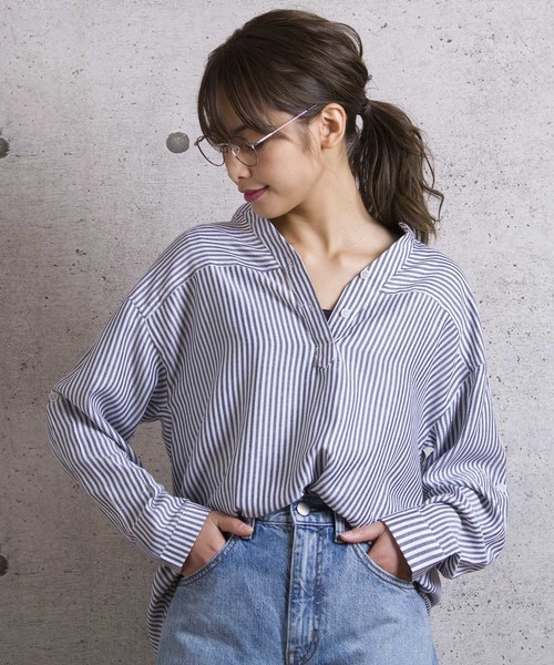 LUGG NAGG(ラグナグ)の「【Jewelobe/ ジュエローブ】 ストライプロールアップシャツ(シャツ/ブラウス・レディース・ブラック/レッド/ブルー・FREE)」の2枚目の写真