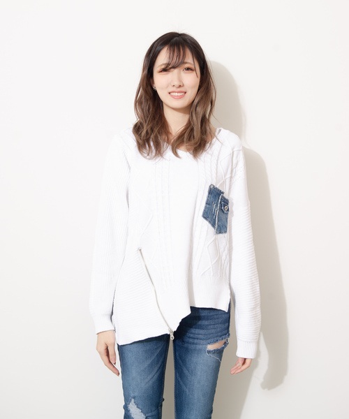GGD(ジージーディー)の「Roger&Raw/ケーブルアシメポケ付P/O(ニット/セーター・レディース・グレー/ライトブルー/ベージュ/ホワイト/カーキ・M)」の18枚目の写真