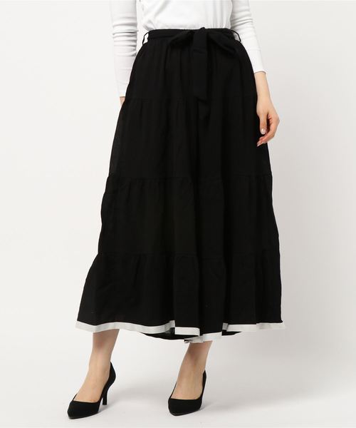 KOBE LETTUCE（コウベレタス）の「リボン付き配色グログランロング丈ティアードスカンツ（スカート・レディース・ブラック/ライトカーキ/ベージュ・FREE）」の2枚目の写真