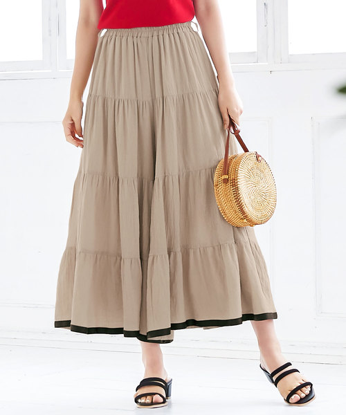 KOBE LETTUCE（コウベレタス）の「リボン付き配色グログランロング丈ティアードスカンツ（スカート・レディース・ブラック/ライトカーキ/ベージュ・FREE）」の3枚目の写真