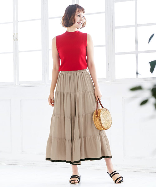 KOBE LETTUCE（コウベレタス）の「リボン付き配色グログランロング丈ティアードスカンツ（スカート・レディース・ブラック/ライトカーキ/ベージュ・FREE）」の6枚目の写真