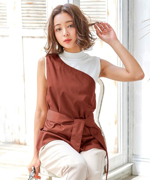 KOBE LETTUCE（コウベレタス）の「2WAYツイル素材ウエストリボンワンショルダートップス（シャツ/ブラウス・レディース・ブラック/ベージュ/ダークオレンジ・FREE）」の3枚目の写真