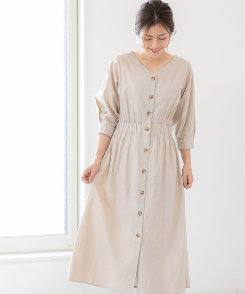 Fizz フィズ の リネンvネック前開きパフスリーブワンピース ワンピース Wear Fizz フィズ の リネンvネック前開きパフスリーブワンピース ワンピース Wear