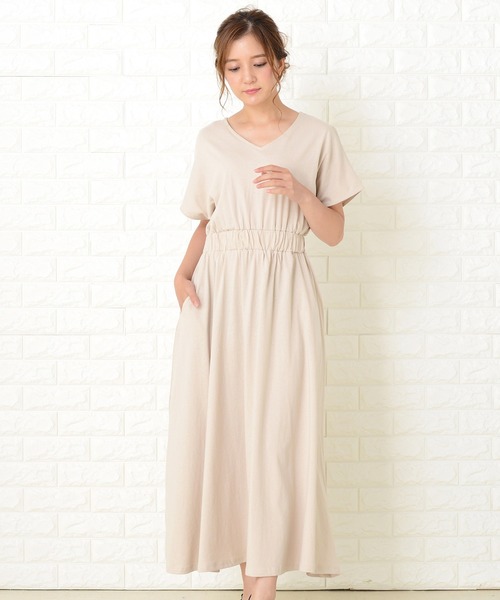 シンプル無地ウエストシャーリングマキシワンピース（ワンピース