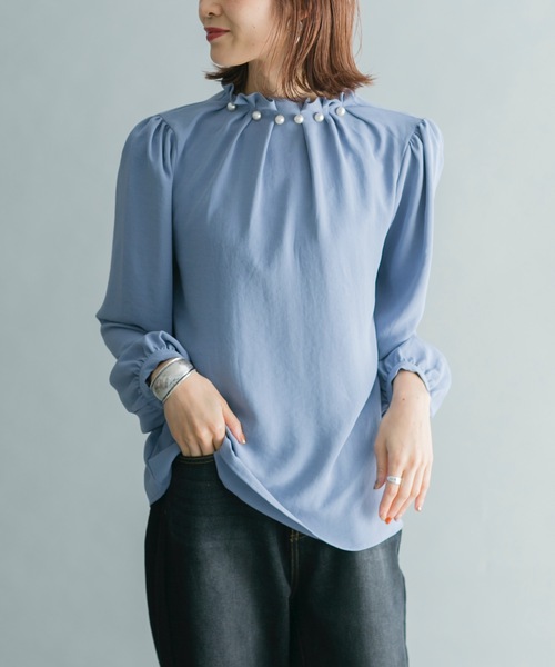 prose verse(プロズヴェール)の「えりパールギャザーネックブラウス(シャツ/ブラウス・レディース・ブラック/ベージュ/サックスブルー・フリ-)」の21枚目の写真