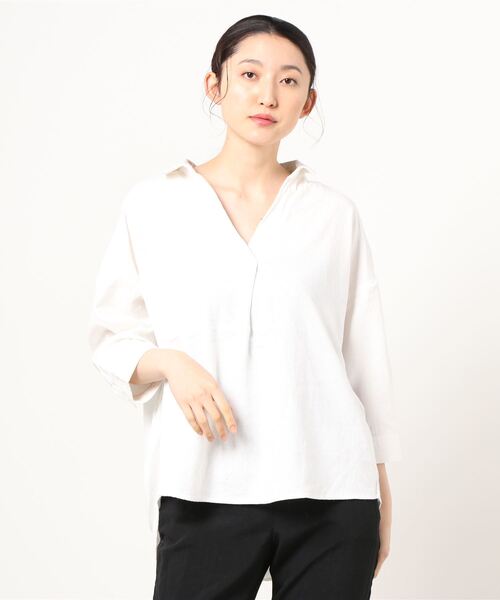 NAVY(ネイビー)の「ミント レーヨン リネン長袖スキッパーブラウス(シャツ/ブラウス・レディース・ホワイト/ストライプ/ブラウン/グリーン・フリー)」の19枚目の写真