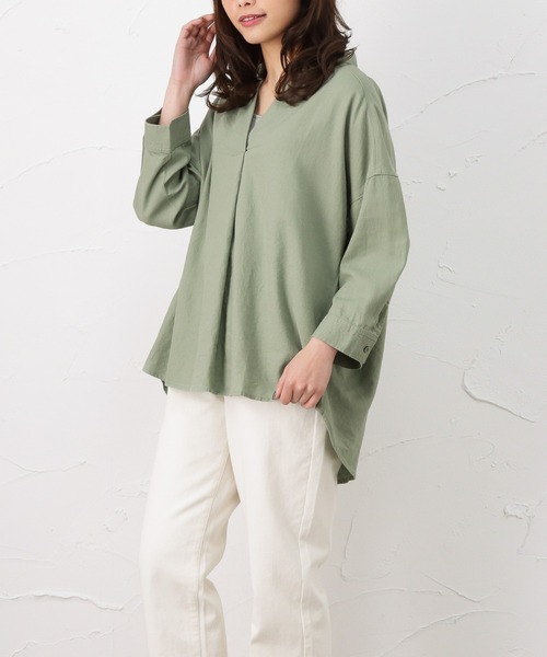 NAVY(ネイビー)の「ミント レーヨン リネン長袖スキッパーブラウス(シャツ/ブラウス・レディース・ホワイト/ストライプ/ブラウン/グリーン・フリー)」の7枚目の写真