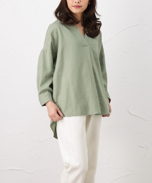 NAVY(ネイビー)の「ミント レーヨン リネン長袖スキッパーブラウス(シャツ/ブラウス・レディース・ホワイト/ストライプ/ブラウン/グリーン・フリー)」の8枚目の写真