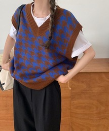 千鳥格子Vネックベスト