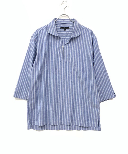 Beno（ビーノ）の「ストレッチ コットンリネン ストライプ リラックス カプリシャツ（シャツ/ブラウス・メンズ・オフホワイト/ライトベージュ/ブルー・LL/M/L）」の12枚目の写真