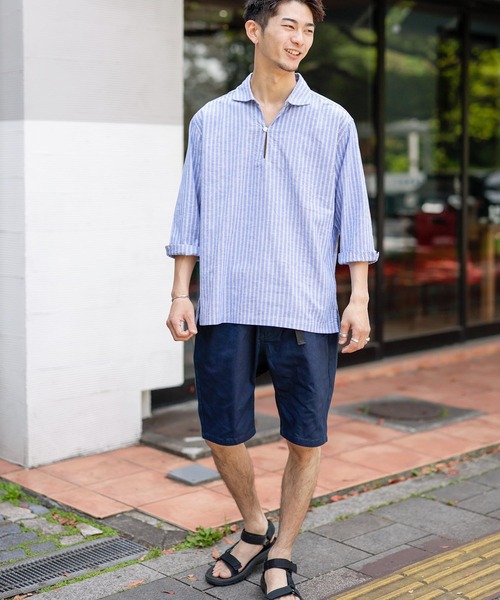 Beno（ビーノ）の「ストレッチ コットンリネン ストライプ リラックス カプリシャツ（シャツ/ブラウス・メンズ・オフホワイト/ライトベージュ/ブルー・LL/M/L）」の6枚目の写真