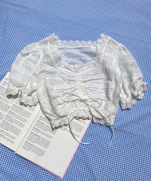WC（ダブル シー）の「コットンレースドロスト半袖ブラウス（シャツ/ブラウス・レディース・ホワイト/ブラック・FREE）」の2枚目の写真